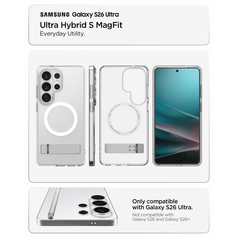 Spigen Ultra Hybrid S Mag MagSafe dėklas, skirtas Samsung Galaxy S26 Ultra (Skaidrus/Baltas)