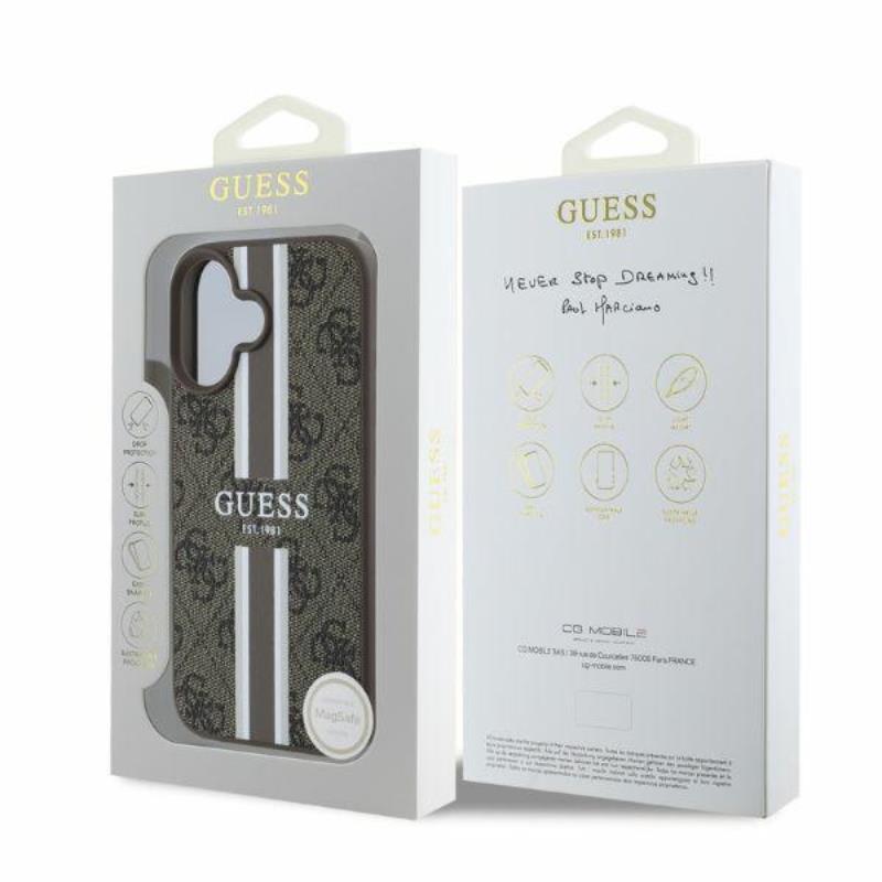 Guess 4G raštuotos juostelės MagSafe – dėklas, skirtas „iPhone 16“ (rudas)