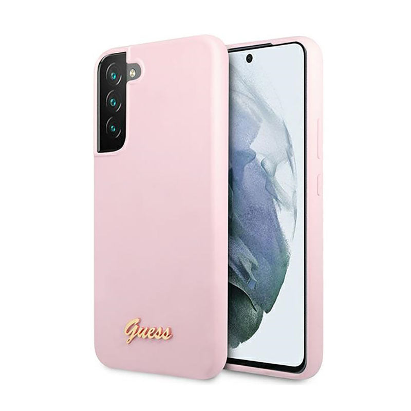 Guess Silicone Script Metal Logo – dangtis Samsung Galaxy S22+ (rožinis)