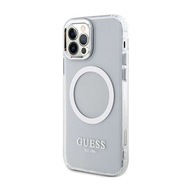 Guess Metal Outline MagSafe – dėklas, skirtas iPhone 12 / iPhone 12 Pro (skaidrus / sidabrinis)
