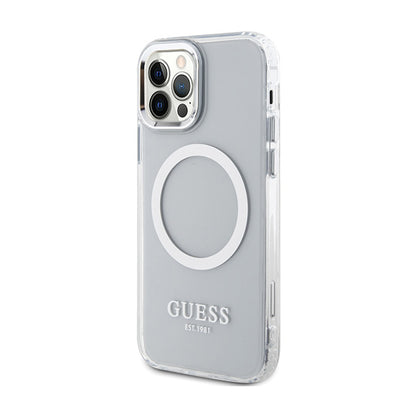Guess Metal Outline MagSafe – dėklas, skirtas iPhone 12 / iPhone 12 Pro (skaidrus / sidabrinis)