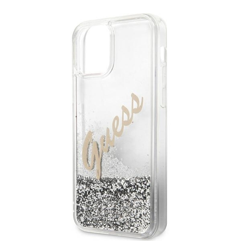 Guess Glitter Vintage Script – iPhone 12 Pro Max dėklas (sidabrinis)