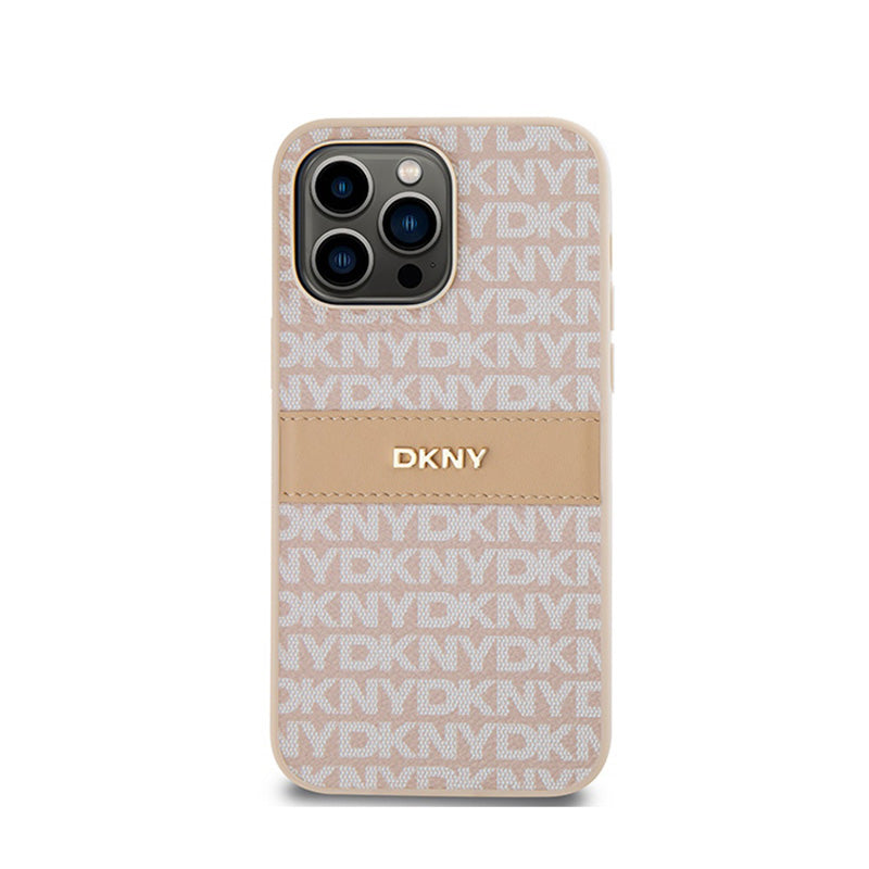 DKNY Leather Mono Stripe & Metal Logo – „iPhone 14 Pro“ dėklas (rožinis)