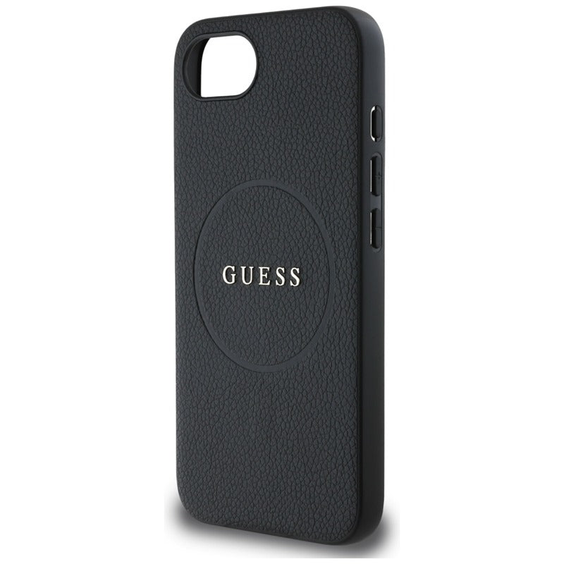 Guess Grained Ring MagSafe – dėklas, skirtas iPhone 16e (juodos spalvos)