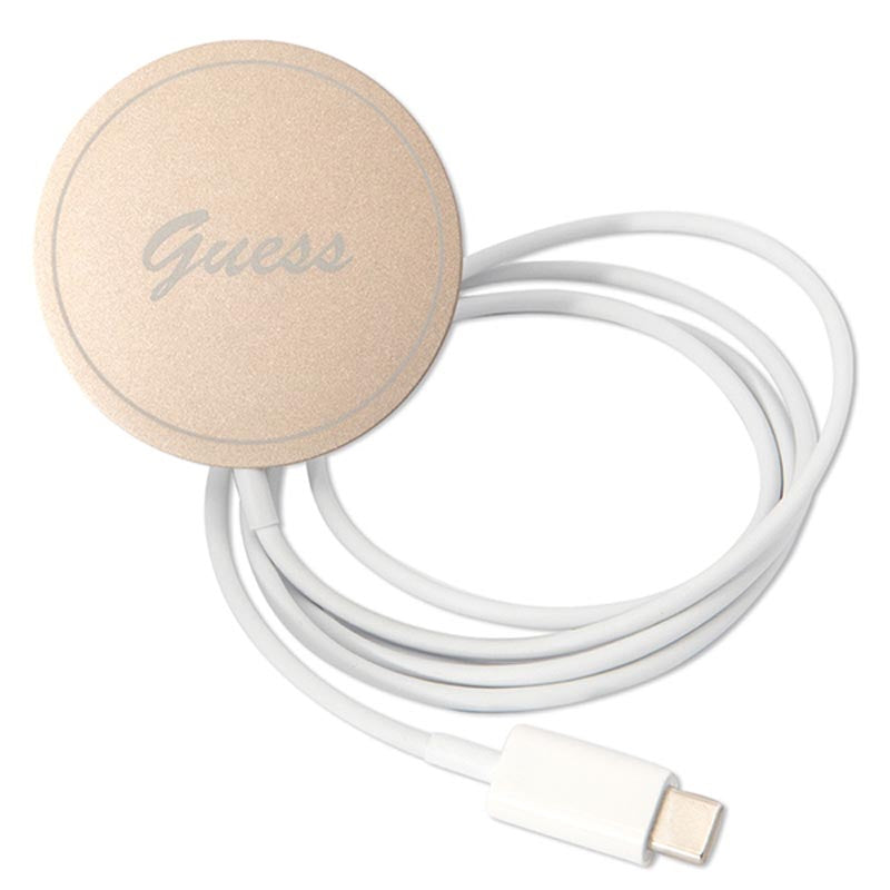 Guess Bundle Pack MagSafe 4G – dėklas „iPhone 14“ ir „MagSafe“ įkroviklis (juodas/auksinis)