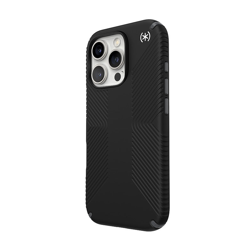 Speck Presidio2 Grip – dėklas, skirtas iPhone 16 Pro (juoda / skalūnų pilka / balta)