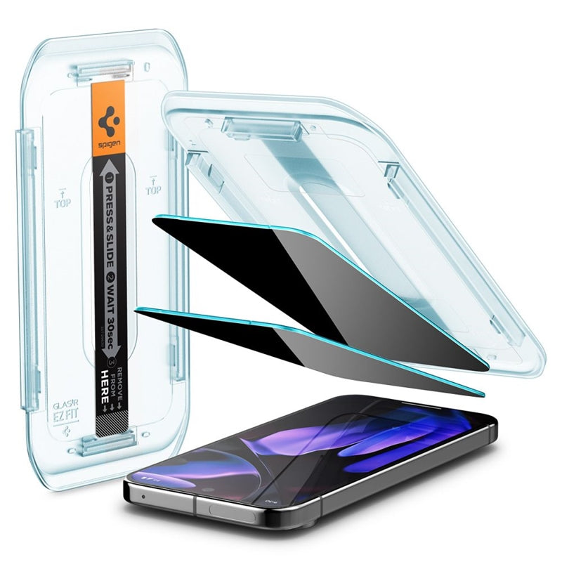 Grūdintas stiklas su privatumo filtru Spigen GLAS.TR EZ FIT Privacy 2 vnt. pakuotė, skirta Google Pixel 9 / 9 Pro / 10 / 10 Pro (2 vnt.)