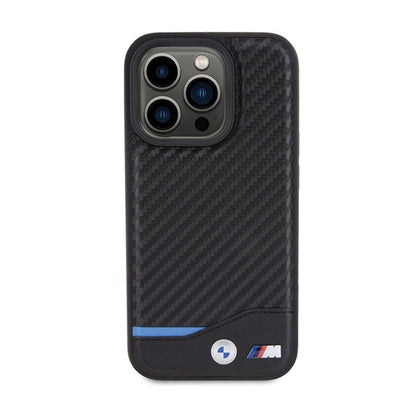BMW Leather Carbon Blue Line MagSafe – dėklas, skirtas „iPhone 15 Pro Max“ (juodas)