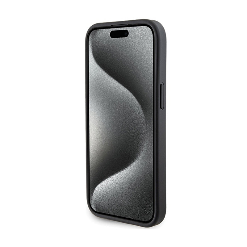 Karl Lagerfeld Gripstand Saffiano Karl & Choupette Pins – „iPhone 15 Plus“ dėklas (juodas)