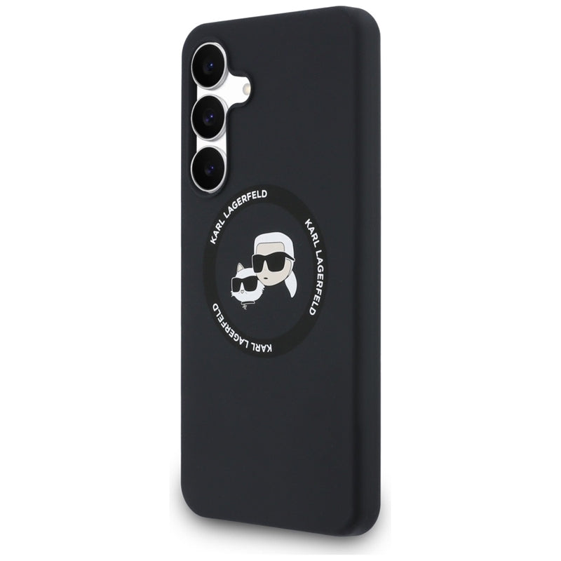 Karl Lagerfeld Silikoninis Karl & Choupette Galvutės MagSafe – Dėklas Samsung Galaxy S25 FE (juodas)