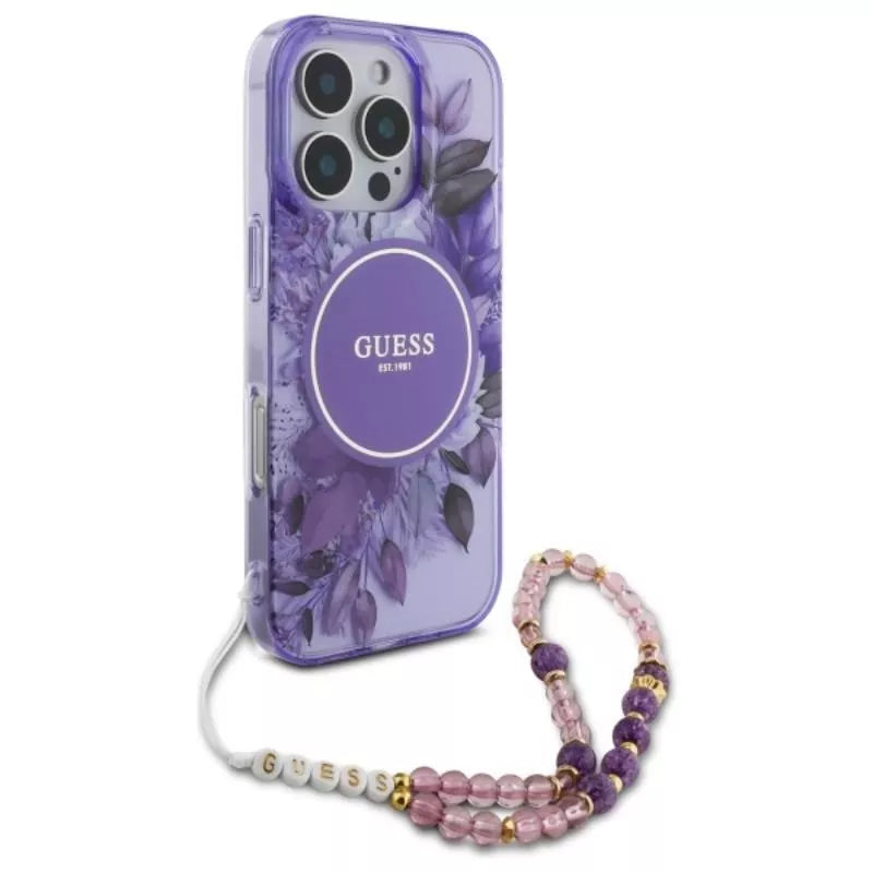 Guess IML Flowers With Pearl Strap MagSafe – dėklas iPhone 16 Pro Max (violetinis)