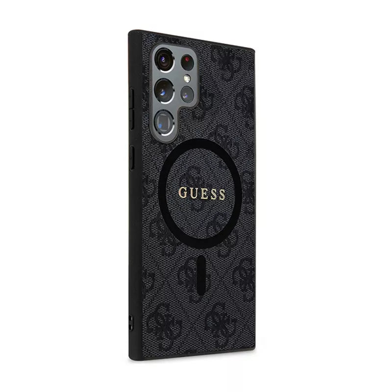 Guess 4G Collection Leather Metal Logo MagSafe – dėklas Samsung Galaxy S24 Ultra (juodas)