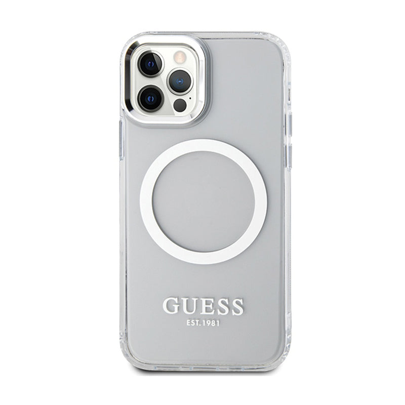 Guess Metal Outline MagSafe – dėklas, skirtas iPhone 12 / iPhone 12 Pro (skaidrus / sidabrinis)
