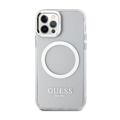 Guess Metal Outline MagSafe – dėklas, skirtas iPhone 12 / iPhone 12 Pro (skaidrus / sidabrinis)