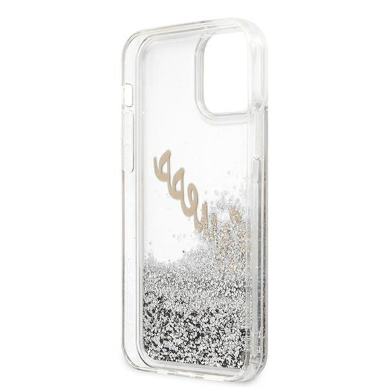 Guess Glitter Vintage Script – iPhone 12 Pro Max dėklas (sidabrinis)