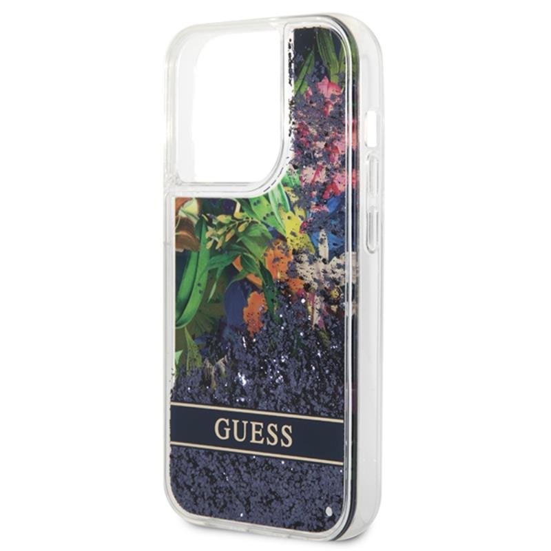 Guess Liquid Glitter Flower – dėklas, skirtas iPhone 14 Pro Max (mėlynas)