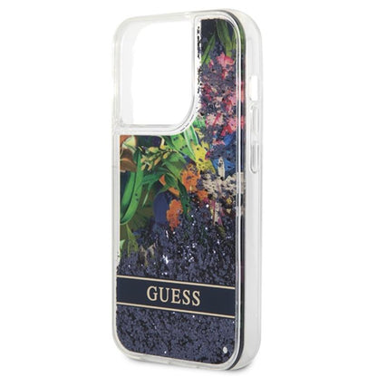 Guess Liquid Glitter Flower – dėklas, skirtas iPhone 14 Pro Max (mėlynas)