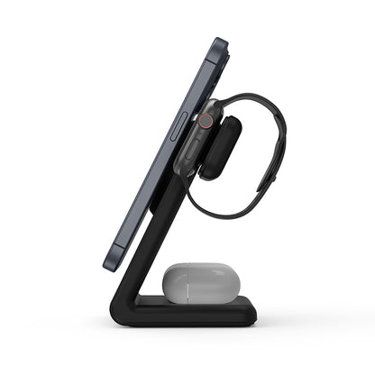 Crong MagSpot Pivot Stand - 3-in-1 belaidis įkroviklis su MagSafe, skirtas iPhone, Apple Watch ir AirPods (juodas)