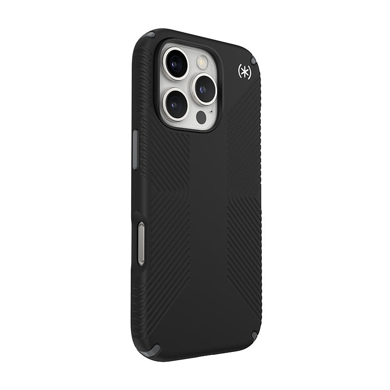 Speck Presidio2 Grip – dėklas, skirtas iPhone 16 Pro (juoda / skalūnų pilka / balta)