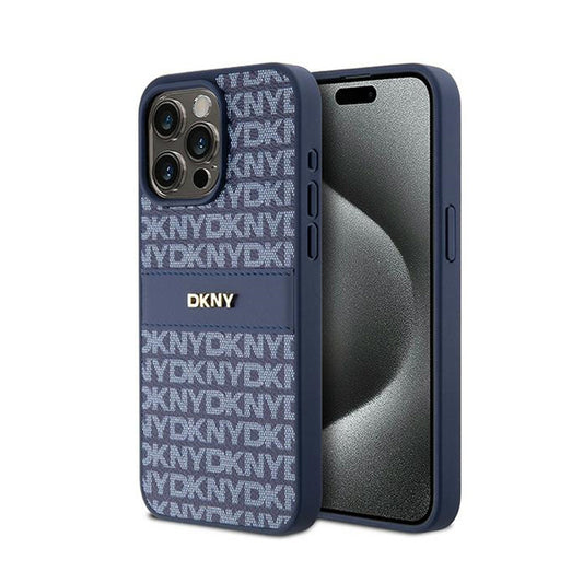 DKNY Leather Mono Stripe & Metal Logo – dėklas, skirtas iPhone 15 Pro Max (mėlynas)