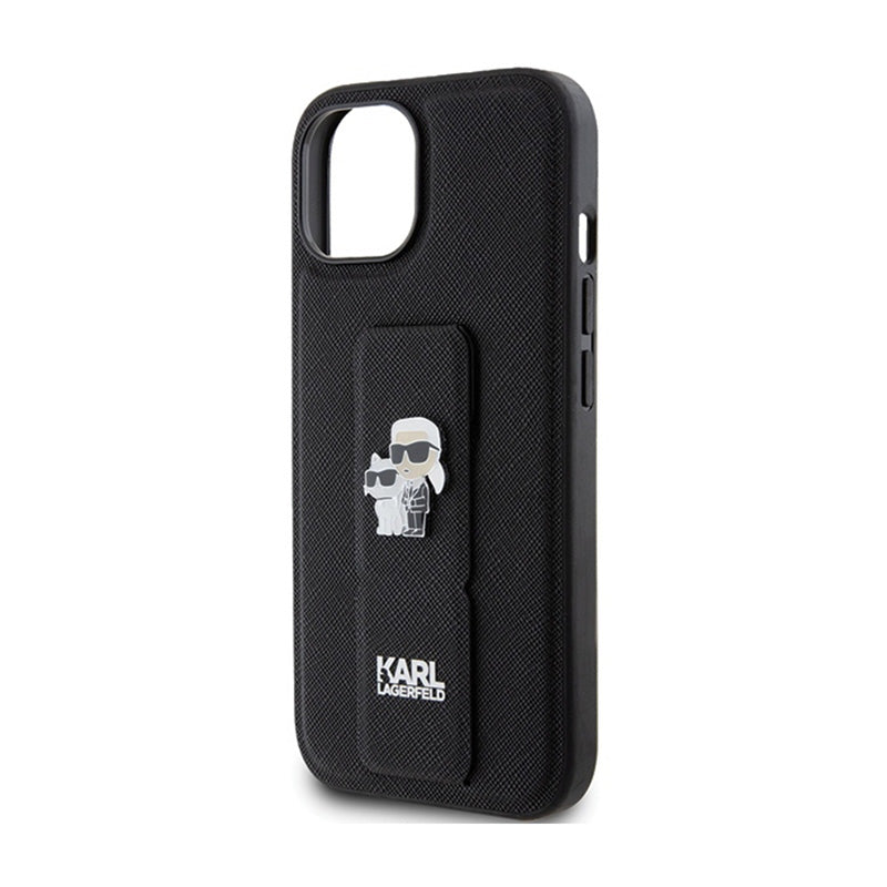 Karl Lagerfeld Gripstand Saffiano Karl & Choupette Pins – „iPhone 15 Plus“ dėklas (juodas)