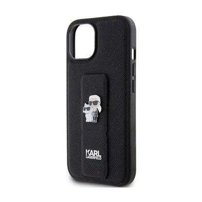 Karl Lagerfeld Gripstand Saffiano Karl & Choupette Pins – „iPhone 15 Plus“ dėklas (juodas)