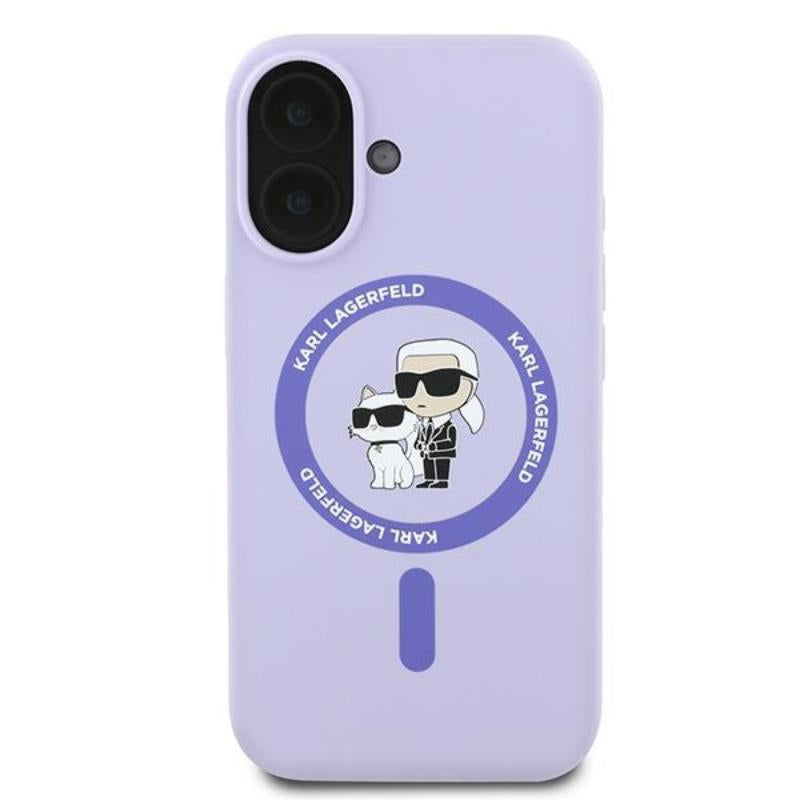 Karl Lagerfeld Silikoninis dėklas su Karl & Choupette ir MagSafe žiedu – skirtas iPhone 16 (violetinė)