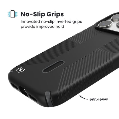 Speck Presidio2 Grip ClickLock ir MagSafe – dėklas iPhone 17 Pro (juodos / plokščių pilkos / baltos spalvos)
