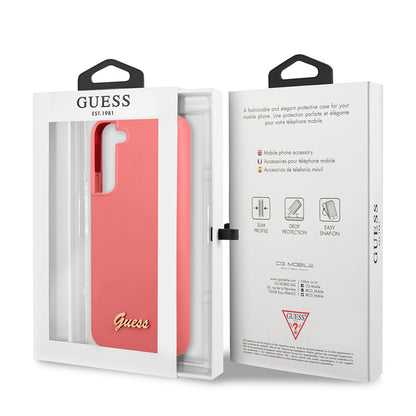 Guess Silicone Script Metal Logo – dėklas Samsung Galaxy S22+ (fuksija)