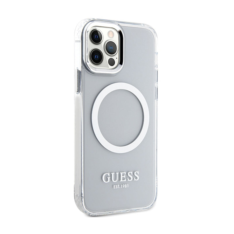 Guess Metal Outline MagSafe – dėklas, skirtas iPhone 12 / iPhone 12 Pro (skaidrus / sidabrinis)