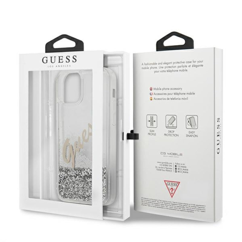 Guess Glitter Vintage Script – iPhone 12 Pro Max dėklas (sidabrinis)