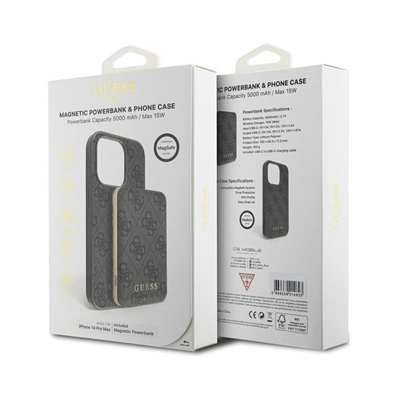 Guess Bundle Pack MagSafe 4G Metal Gold Logo - dėklo komplektas + Power Bank 5000mAh MagSafe iPhone 14 Pro Max (juodas)