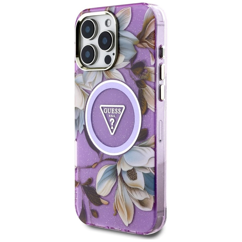 Guess Glitter Flowers Triangle Buttons MagSafe dėklas iPhone 16 Pro (violetinė)