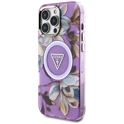 Guess Glitter Flowers Triangle Buttons MagSafe dėklas iPhone 16 Pro (violetinė)