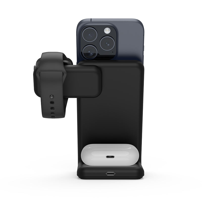 Crong MagSpot Pivot Stand - 3-in-1 belaidis įkroviklis su MagSafe, skirtas iPhone, Apple Watch ir AirPods (juodas)