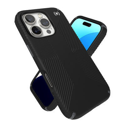 Speck Presidio2 Grip – dėklas, skirtas iPhone 16 Pro (juoda / skalūnų pilka / balta)