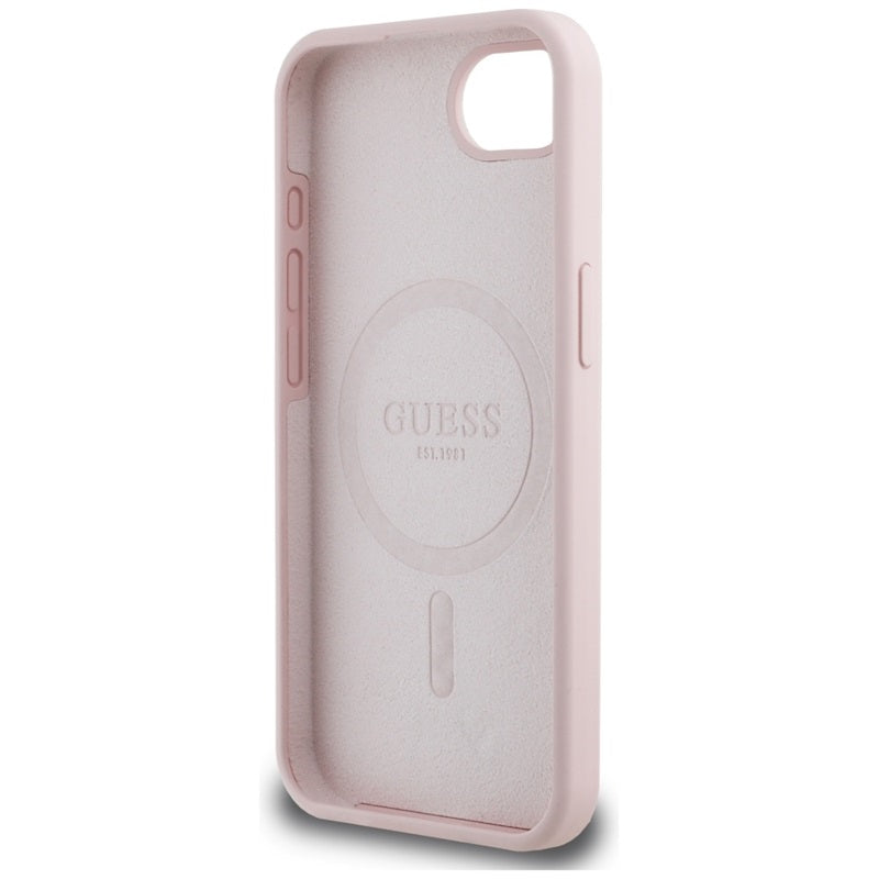 Guess Silicone Script Metal Logo MagSafe – dėklas skirtas iPhone 16e (rožinis)
