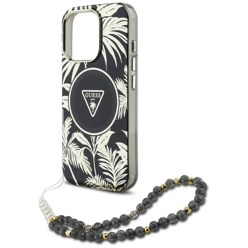 Guess Palm Trees Triangle Pearl Strap MagSafe – Dėklas iPhone 16 Pro Max (juodas)