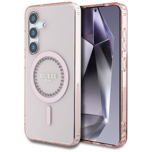 Guess Rhinestones Printed Classic Logo MagSafe – dėklas, skirtas „Samsung Galaxy S25“ (rožinė)