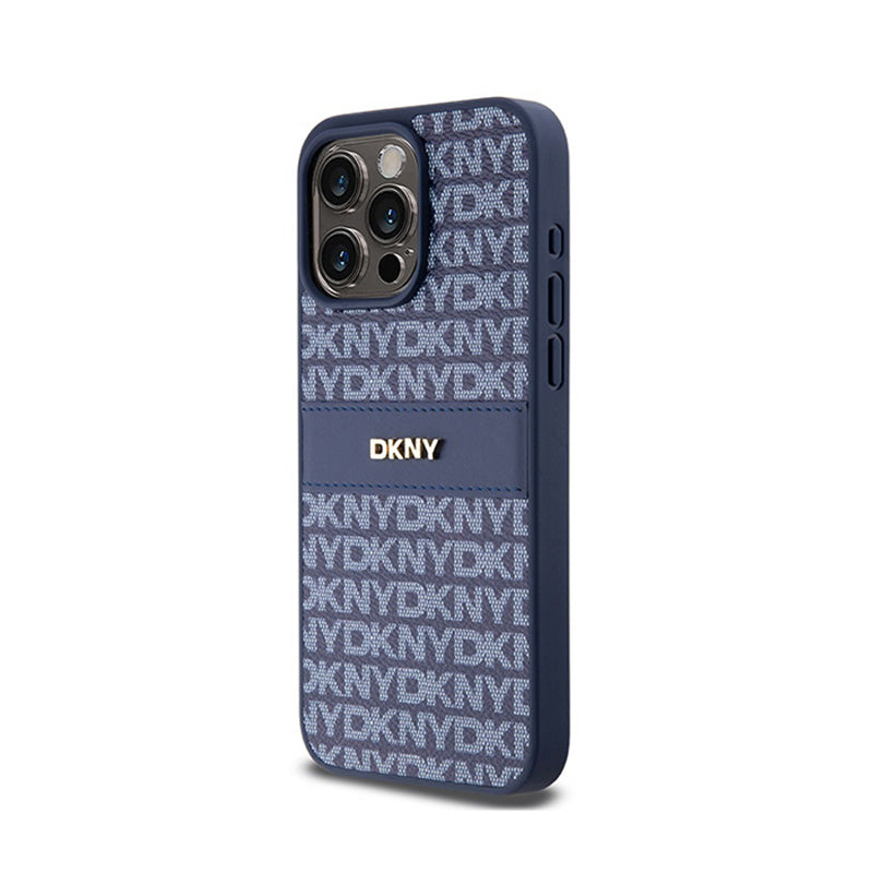 DKNY Leather Mono Stripe & Metal Logo – dėklas, skirtas iPhone 15 Pro Max (mėlynas)
