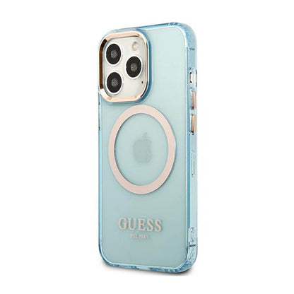 Guess Gold Outline Translucent MagSafe – dėklas, skirtas „iPhone 13 Pro“ (mėlynas)