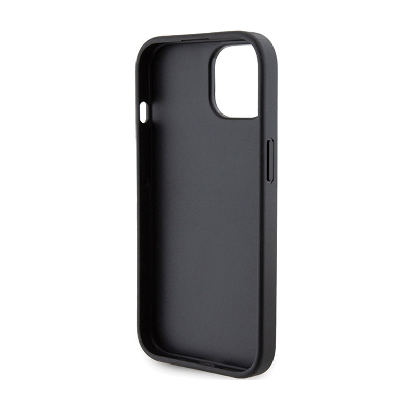 Karl Lagerfeld Gripstand Saffiano Karl & Choupette Pins – „iPhone 15 Plus“ dėklas (juodas)
