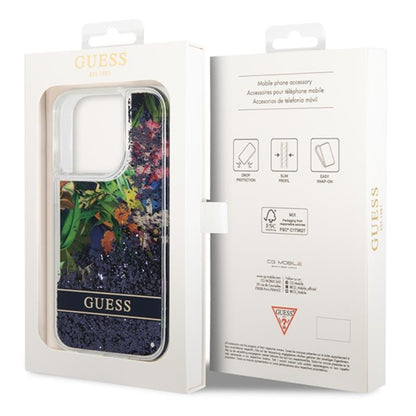 Guess Liquid Glitter Flower – dėklas, skirtas iPhone 14 Pro Max (mėlynas)