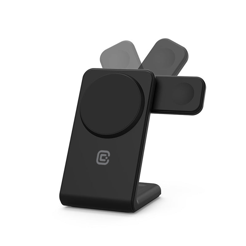Crong MagSpot Pivot Stand - 3-in-1 belaidis įkroviklis su MagSafe, skirtas iPhone, Apple Watch ir AirPods (juodas)