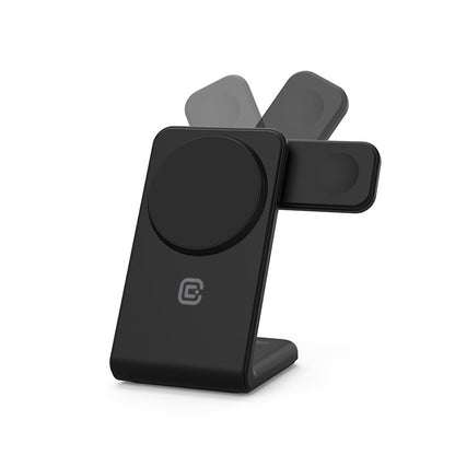 Crong MagSpot Pivot Stand - 3-in-1 belaidis įkroviklis su MagSafe, skirtas iPhone, Apple Watch ir AirPods (juodas)