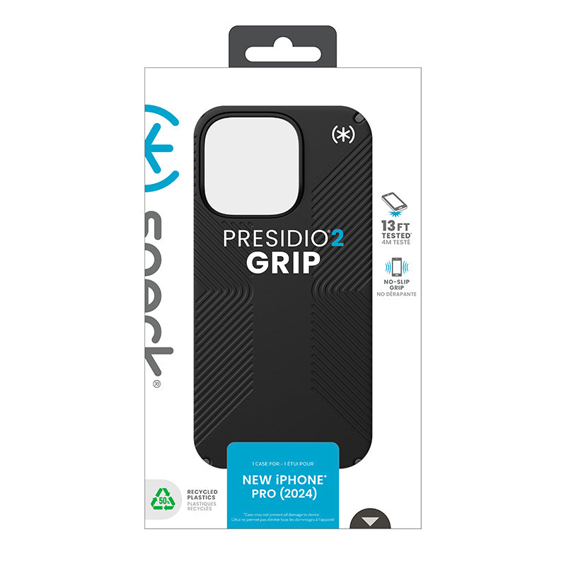 Speck Presidio2 Grip – dėklas, skirtas iPhone 16 Pro (juoda / skalūnų pilka / balta)