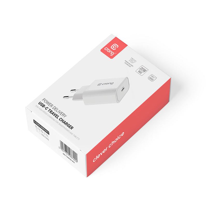 Crong USB-C kelioninis įkroviklis – sieninis įkroviklis USB-C Power Delivery 20W (baltas)