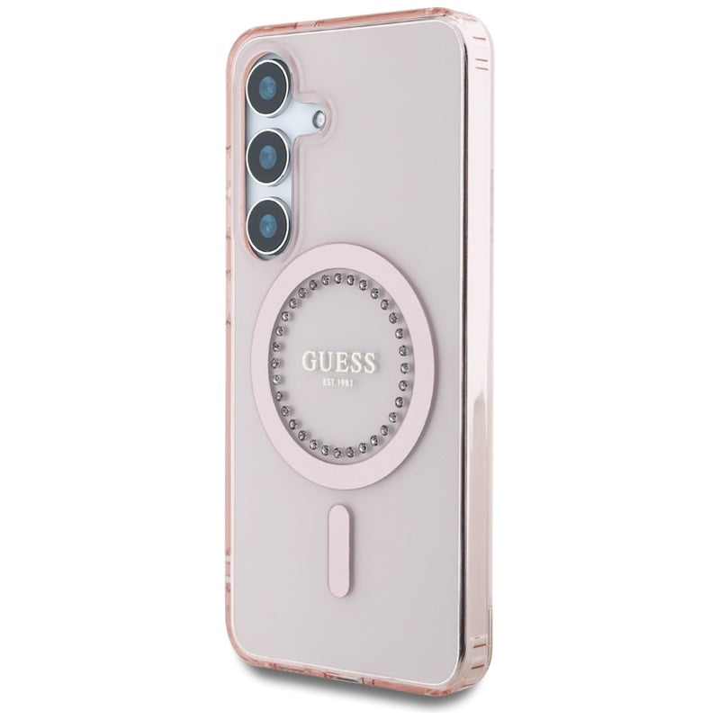 Guess Rhinestones Printed Classic Logo MagSafe – dėklas, skirtas „Samsung Galaxy S25“ (rožinė)