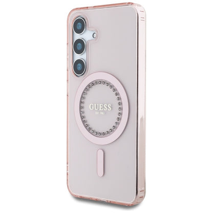 Guess Rhinestones Printed Classic Logo MagSafe – dėklas, skirtas „Samsung Galaxy S25“ (rožinė)