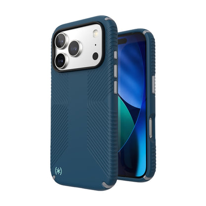 Speck Presidio2 Grip MagSafe – Dėklas iPhone 17 Pro (Tamsiai mėlynos / Sidabro metalo)